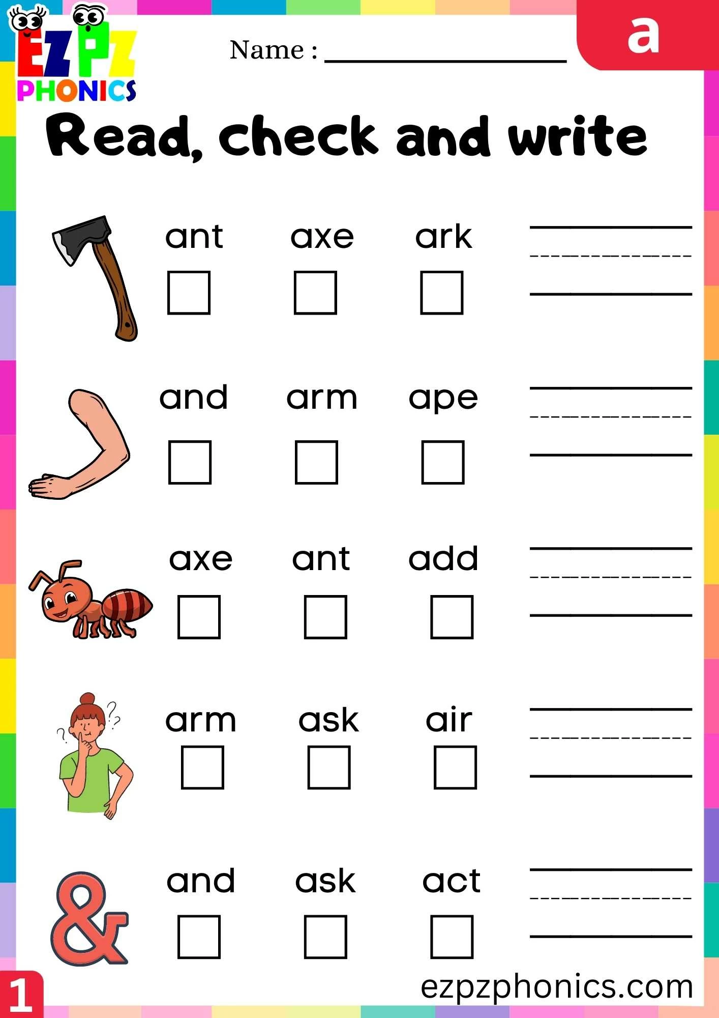 Letter a Read, Check and Write Beginning Sounds Worksheet
